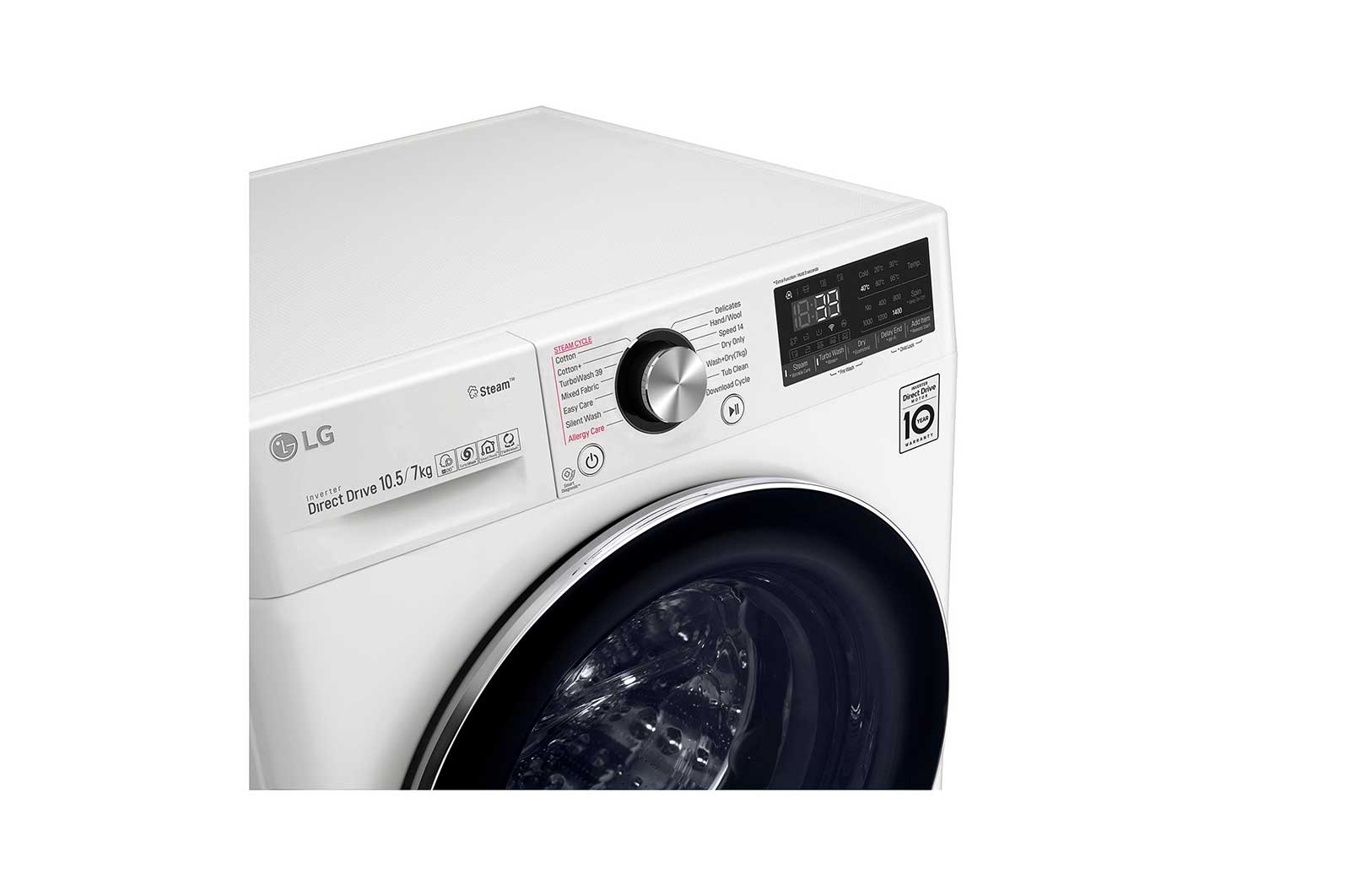 LG TurboWash™ 39 – lavage optimale en 39 minutes | Moteur AI DD™ reconnaît votre linge | E | 10.5 kg lavage/7 kg séchage  | lavage hygiénique à la vapeur, F4DV910H2E