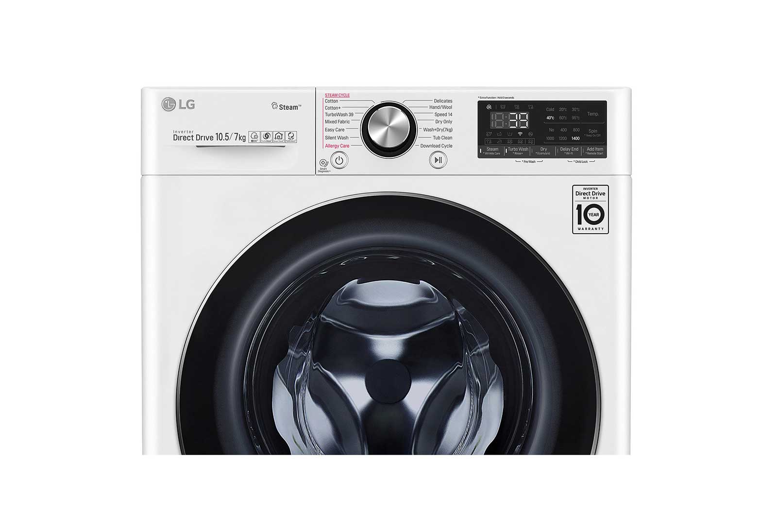 LG TurboWash™ 39 – lavage optimale en 39 minutes | Moteur AI DD™ reconnaît votre linge | E | 10.5 kg lavage/7 kg séchage  | lavage hygiénique à la vapeur, F4DV910H2E