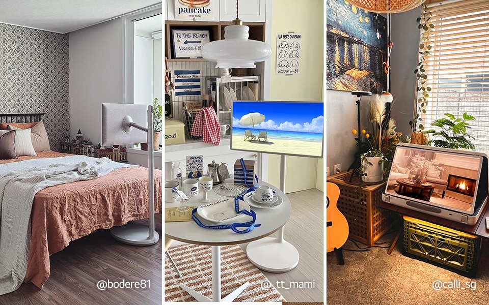 A collage of 3 rooms featuring a bed, dining and bedrrom. LG stanbyme and LG stanbyme go in separate room settings.
