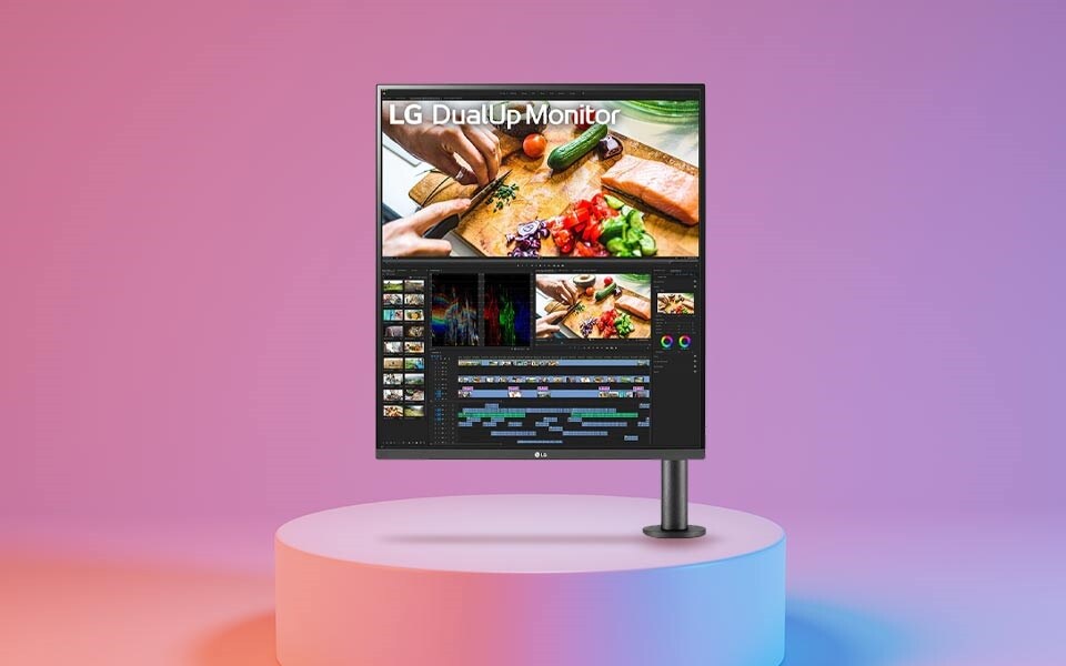 Een 27,6" 16:18 LG DualUp ergonomische oogvriendelijke monitor met Ergo Stand.