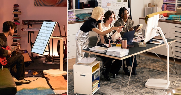 In de linkerafbeelding speelt een man gitaar terwijl hij bladmuziek leest op een LG Smart Monitor Swing. In de rechterafbeelding werken drie medewerkers samen met behulp van een LG Smart Monitor Swing.