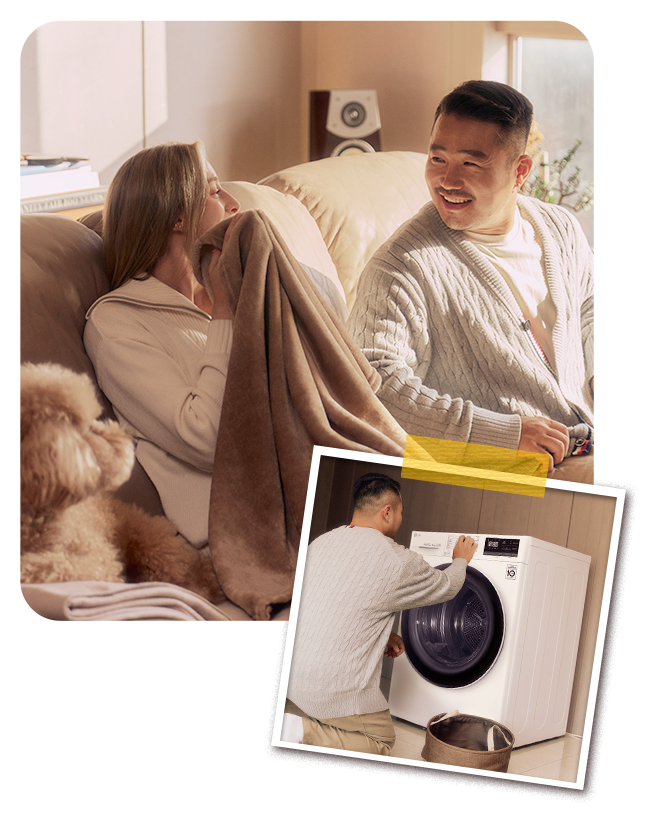 Un couple heureux enveloppé dans des vêtements fraîchement séchés par le sèche-linge LG