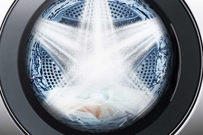 Dit een afbeelding van water dat in 5 richtingen uit de wasmachine komt.	