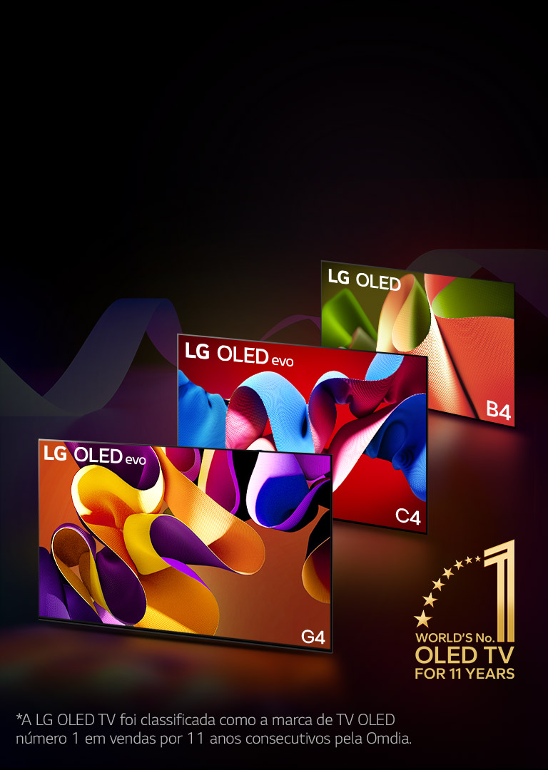 LG OLED evo TV C4, evo G4 e B4 alinhados contra um fundo preto com sutis redemoinhos de cores. O emblema “TV OLED número 1 do mundo em 11 anos” está na imagem. Um aviso diz: "A LG OLED TV foi classificada como a marca de TV OLED número 1 em vendas por 11 anos consecutivos pela Omdia."