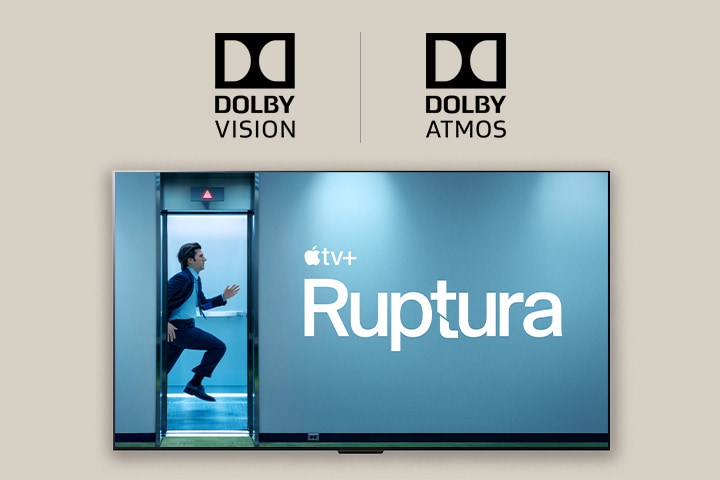 Miniatura do programa de TV Ruptura com a logomarca Dolby Vision à esquerda e Dolby Atmos à direita.