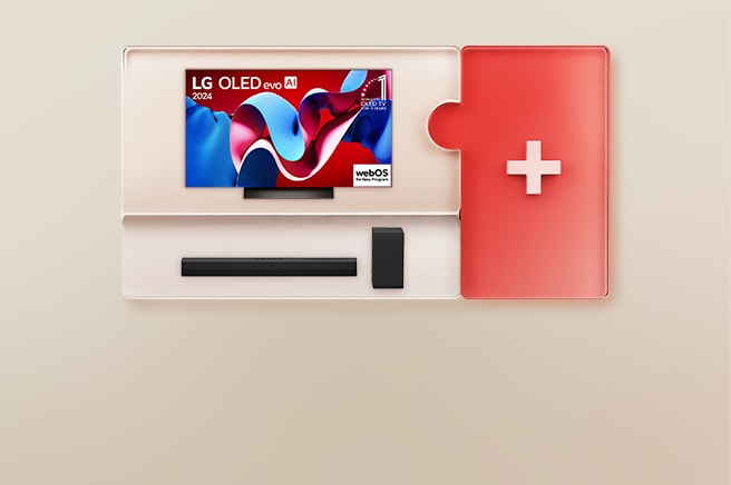 Imagem de uma TV OLED da LG e uma Soundbar combinadas como um quebra-cabeça com um sinal de '+'