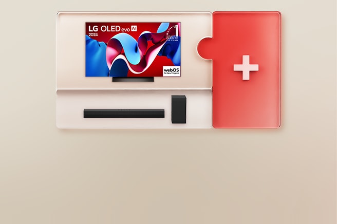 Imagem de uma TV OLED da LG e uma Soundbar combinadas como um quebra-cabeça com um sinal de '+'