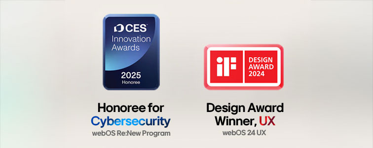 Logotipos de prêmios, incluindo CES, iF Design Award e AVForums Editors' Choice