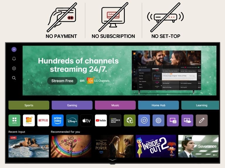 Tela inicial da LG Smart TV navegando pela interface do LG Channels, apresentando uma variedade de canais de TV ao vivo gratuitos, filmes e conteúdos exclusivos disponíveis sem necessidade de assinatura, pagamento ou decodificador. O vídeo destaca o acesso contínuo a centenas de opções de entretenimento integradas diretamente em todas as LG Smart TVs.