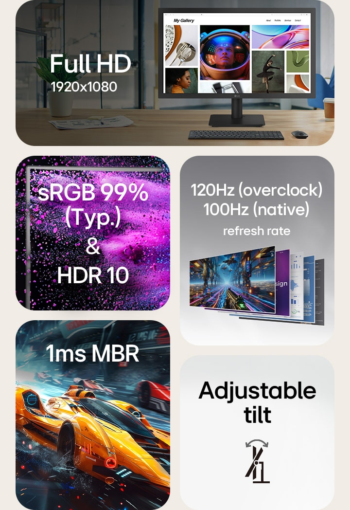 Destaques do monitor LG 22U403A, mostrando resolução Full HD 1920×1080, sRGB 99% (Typ.) e desempenho de cores HDR10, taxa de atualização nativa de 100Hz e overclock de 120Hz, tempo de resposta de 1ms MBR e suporte ajustável para conforto ergonômico.