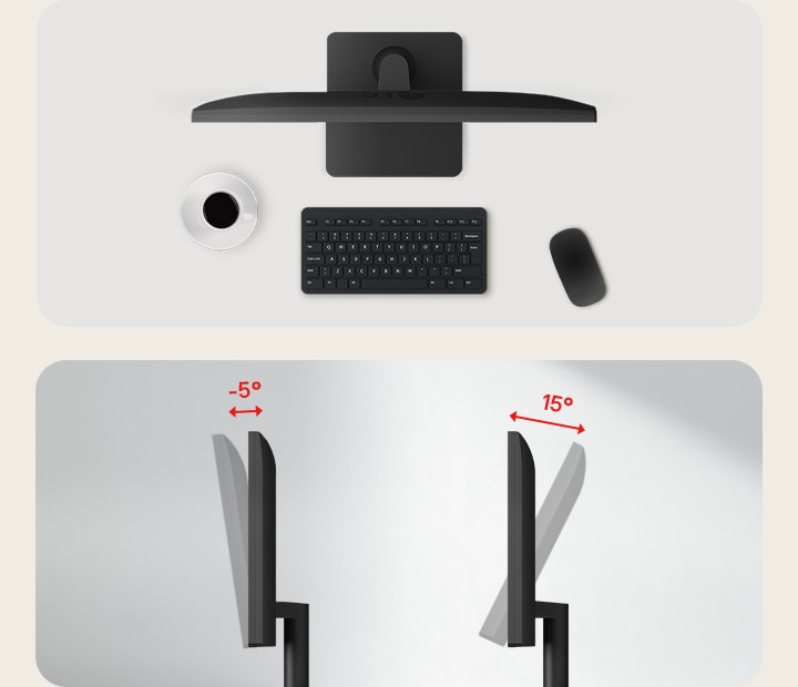 Vistas superior e lateral do monitor LG 22U403A mostrando seu design limpo e econômico em espaço, com faixa de inclinação ajustável de -5° a 15° para conforto ergonômico ao visualizar.