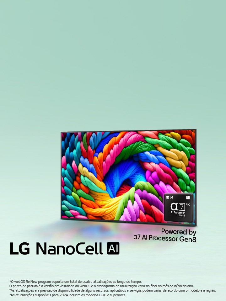 LG NanoCell TV ligeiramente inclinada para a esquerda e exibindo fios coloridos. O logotipo do processador alpha 7 AI Gen8 aparece no canto inferior direito da TV. O plano de fundo é um gradiente de azul-petróleo claro. O texto também é visível, com a tecnologia do processador alpha 7 AI Gen8.