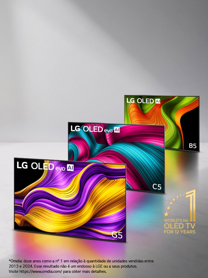 Três LG OLED evo AI TVs alinhadas: C5, G5 e B5. O emblema “A OLED TV número 1 do mundo por 12 anos” é exibido no canto. 