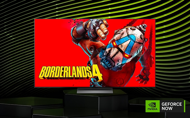 LG TV com um cartaz de um jogo famoso na tela. O logotipo NVIDIA GeForce NOW está visível.