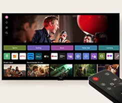 Interface LG webOS com o AI Magic Remote em primeiro plano. As miniaturas na interface do usuário mostram recomendações de conteúdo personalizado do AI Voice ID.