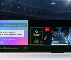 Um close da tela da LG QNED TV mostrando como o AI Search funciona. Uma pequena janela de bate-papo está aberta, mostrando como o usuário perguntou quais partidas esportivas estão disponíveis. O AI Search responde por bate-papo, mostrando miniaturas dos conteúdos disponíveis. Há também um prompt para perguntar ao Microsoft Copilot. 