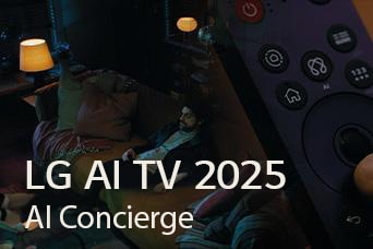 O título é visível, LG AI TV 2025, Al Concierge. O LG Al Magic Remote está visível. Um homem está sentado no sofá.