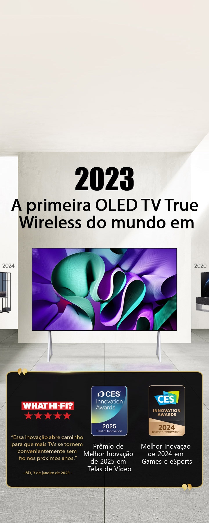 LG TV. O título diz: A primeira OLED TV True Wireless do mundo em 2023. Citações de prêmios ao lado. Segundo a What Hi-Fi, essa inovação abre caminho para que mais TVs se tornem convenientemente sem fio nos próximos anos. Melhor Inovação de 2025 em Telas de Vídeo e Melhor Inovação de 2024 em Games e eSports no CES Innovation Awards.