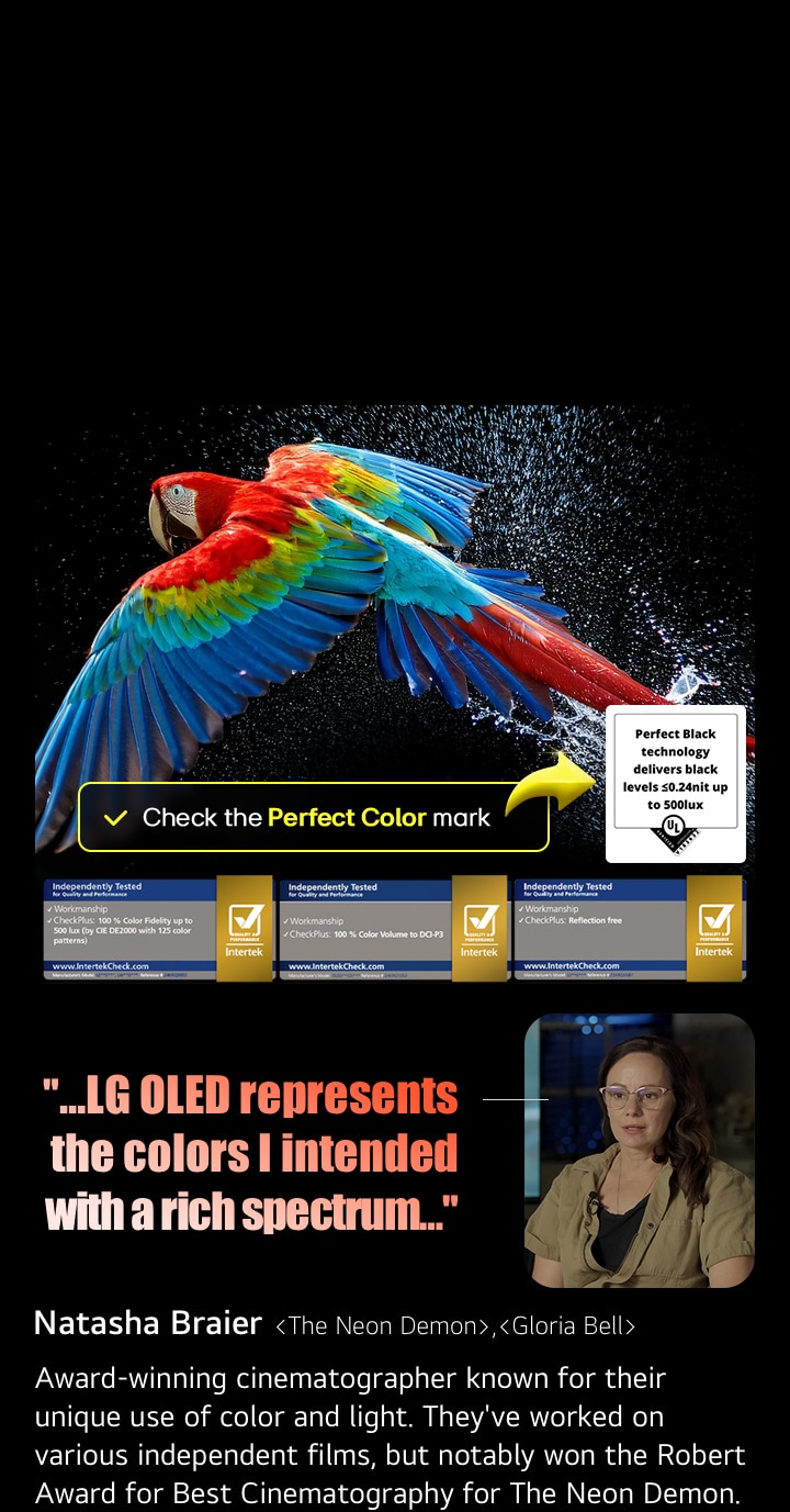 Um papagaio colorido em ultra-alta definição sobre um fundo preto. Gotas de água estão suspensas no ar ao seu redor. A imagem demonstra a tecnologia Cores perfeitas, com as diferentes tonalidades do corpo do papagaio vibrantes e nítidas. O fundo escuro com os detalhes dos respingos de água também destaca a tela livre de reflexos. Diferentes logotipos de certificações UL e Intertek são exibidos. Eles se referem à sua garantia de 100% de fidelidade de cores, 100% de volume de cores e ausência de reflexos. Também é visível o texto: verifique a marca de certificação Cores perfeitas.