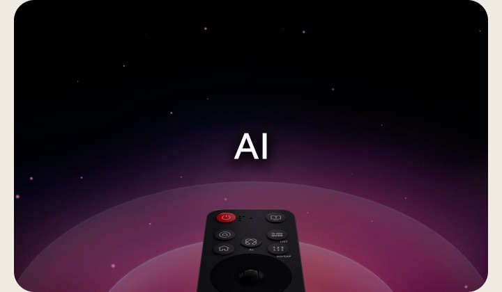 LG AI Magic Remote em um fundo abstrato. O botão AI está destacado. Há uma representação gráfica da interface do usuário com ícones de como o botão AI permite que os usuários acessem diferentes funcionalidades de IA. Os serviços incluem AI Voice ID, AI Search, AI Chatbot, AI Concierge, AI Picture Wizard e AI Sound Wizard. A funcionalidade semelhante a um mouse é então apresentada quando o cursor aparece sobre uma interface, mostrando como o controle remoto oferece controles simplificados.