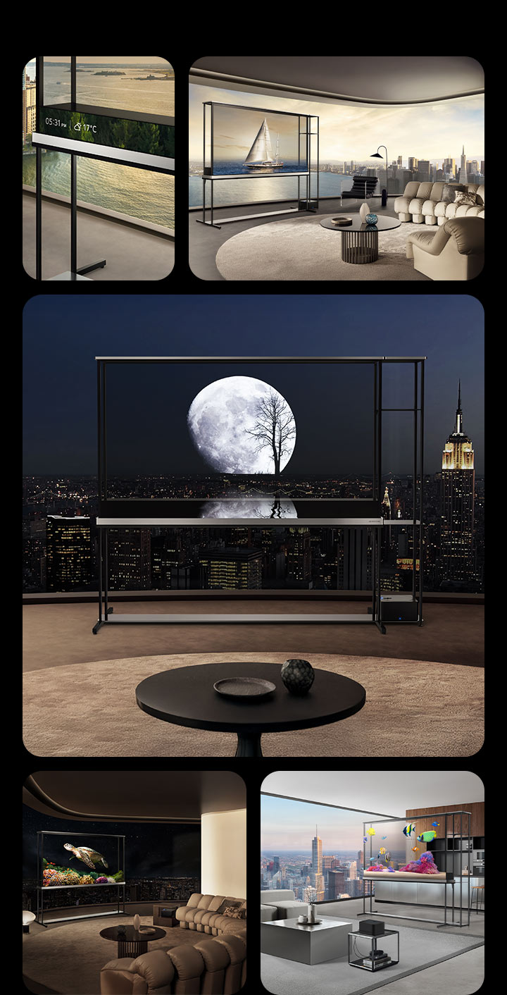 Espaços diferentes com uma LG Signature OLED T TV. Em cada uma delas, a TV está no modo transparente, mostrando como os visuais otimizados para telas transparentes se misturam à realidade. Em uma das cenas, a barra de informações também está visível, mostrando a data, a hora e a temperatura.microsite-innovation-2025-10-feature-true-wireless-oledt-d-2.jpg