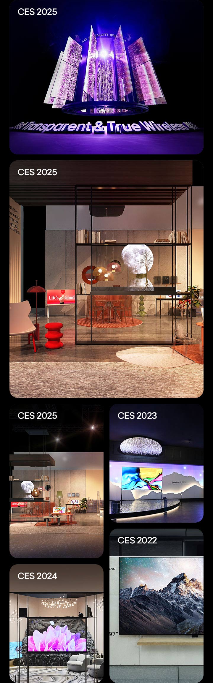 Diferentes exibições e instalações da LG OLED na CES são apresentadas. Isso abrange a CES 2022, a CES 2023, a CES 2024 e a CES 2025. 