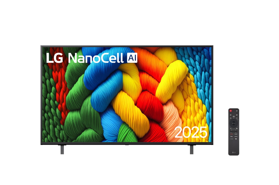 Vista frontal da NanoCell TV, logotipo da LG NanoCell Al no canto superior. A LG NanoCell NANO80 TV mostra texturas coloridas de pinturas se fundindo.