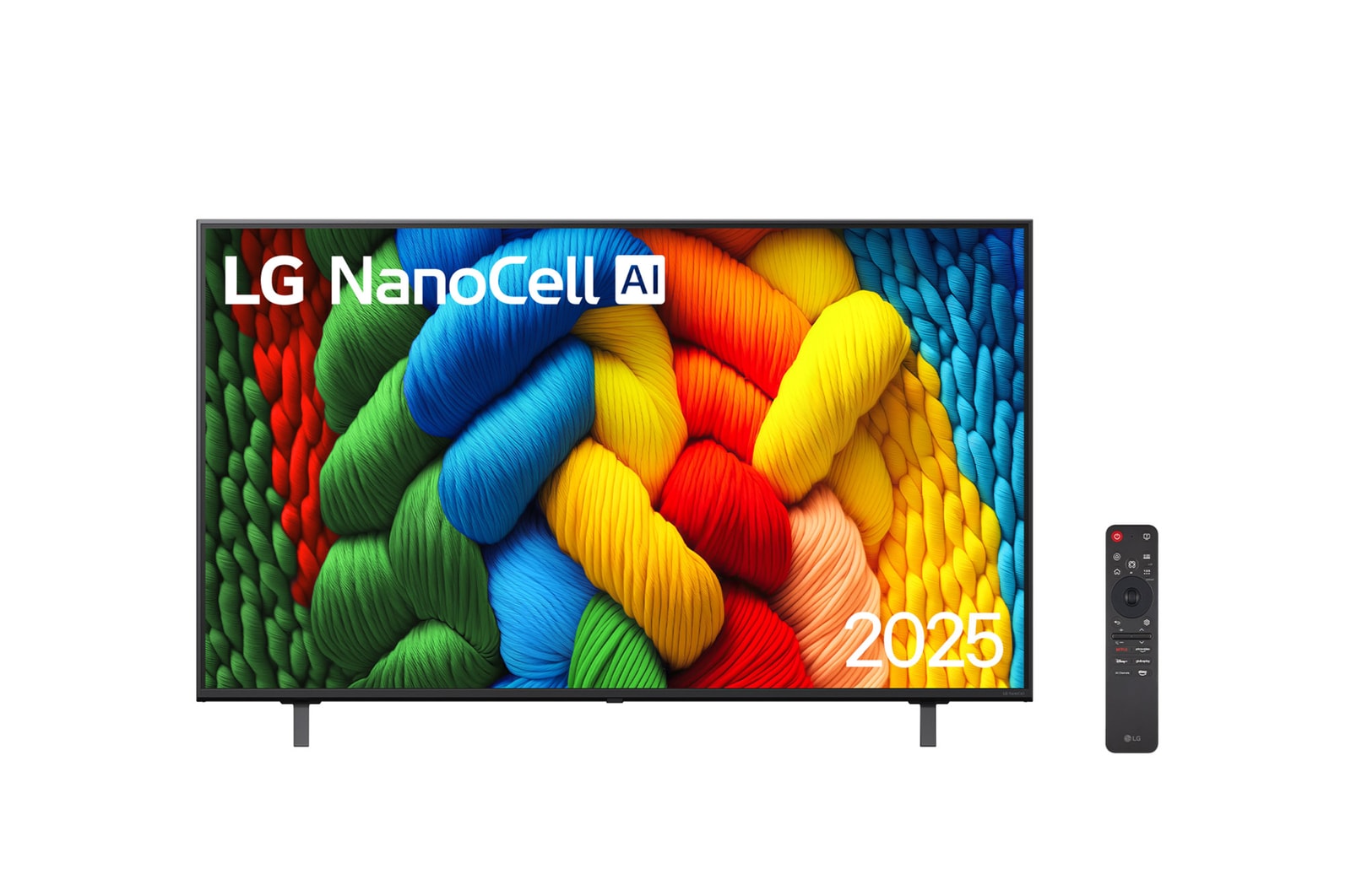 Vista frontal da NanoCell TV, logotipo da LG NanoCell Al no canto superior. A LG NanoCell NANO80 TV mostra texturas coloridas de pinturas se fundindo.