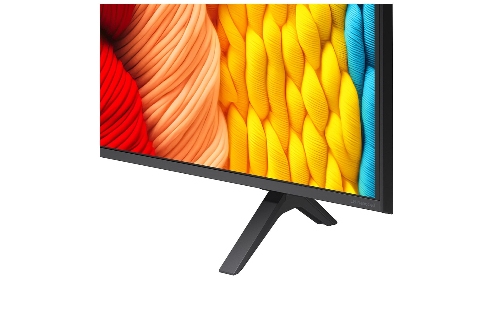 Vista frontal e lateral da Smart TV 4K LG NanoCell NANO80 mostrando suas dimensões de comprimento, largura, altura e profundidade.