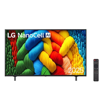 Vista frontal da NanoCell TV, logotipo da LG NanoCell Al no canto superior. A LG NanoCell NANO80 TV mostra texturas coloridas de pinturas se fundindo.