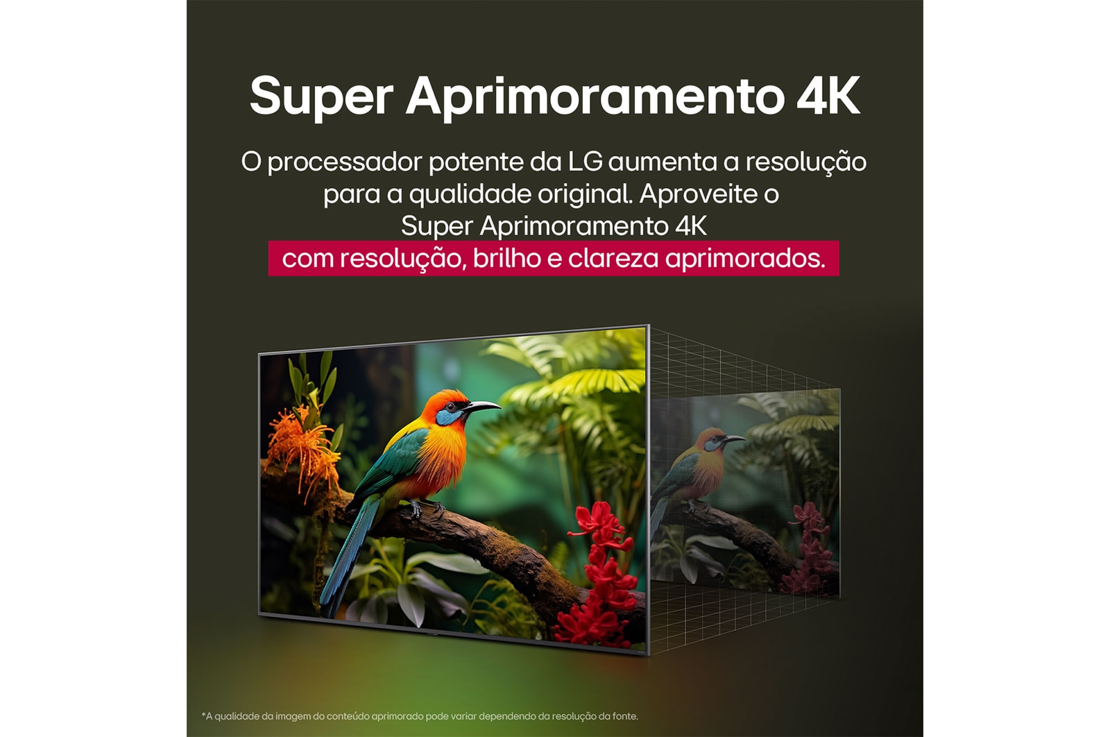 LG AI Magic Remote com o botão AI em destaque. Ao redor dele estão as diferentes funcionalidades que um usuário pode acessar a partir do botão. AI Voice ID, AI Search, AI Chatbot, AI Concierge, AI Picture Wizard e AI Sound Wizard. O texto explica que o LG AI Magic Remote completa sua experiência de IA com um botão AI dedicado e pode ser usado como um air mouse. Basta apontar e clicar.