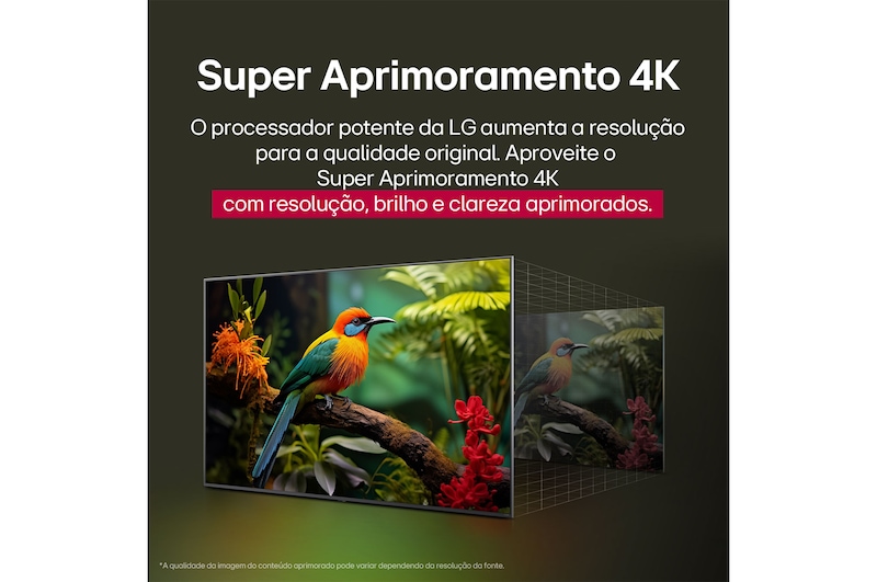 LG AI Magic Remote com o botão AI em destaque. Ao redor dele estão as diferentes funcionalidades que um usuário pode acessar a partir do botão. AI Voice ID, AI Search, AI Chatbot, AI Concierge, AI Picture Wizard e AI Sound Wizard. O texto explica que o LG AI Magic Remote completa sua experiência de IA com um botão AI dedicado e pode ser usado como um air mouse. Basta apontar e clicar.