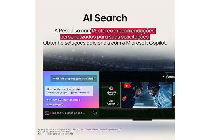 Conteúdo de ficção científica sendo reproduzido na tela de uma LG TV. Na tela aparece a interface do AI Chatbot. O usuário enviou uma mensagem ao chatbot dizendo que a tela está muito escura. O chatbot ofereceu soluções para a solicitação. A cena inteira está dividida em duas partes. Um lado é mais escuro, o outro lado é mais claro, mostrando como o AI Chatbot resolveu o problema para o usuário automaticamente. O texto explica que o Al Chatbot pode entender a intenção do usuário e fornecer soluções para resolver problemas.Conteúdo de ficção científica sendo reproduzido na tela de uma LG TV. Na tela aparece a interface do AI Chatbot. O usuário enviou uma mensagem ao chatbot dizendo que a tela está muito escura. O chatbot ofereceu soluções para a solicitação. A cena inteira está dividida em duas partes. Um lado é mais escuro, o outro lado é mais claro, mostrando como o AI Chatbot resolveu o problema para o usuário automaticamente. O texto explica que o Al Chatbot pode entender a intenção do usuário e fornecer soluções para resolver problemas.