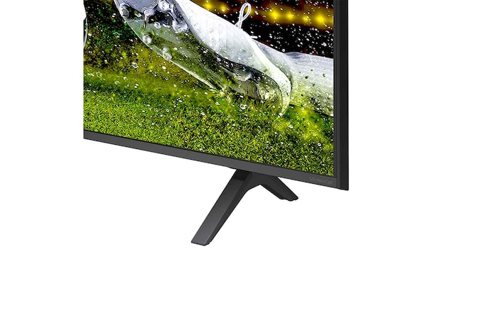 Vista frontal e lateral da Smart TV 4K LG NanoCell NANO80 mostrando suas dimensões de comprimento, largura, altura e profundidade.