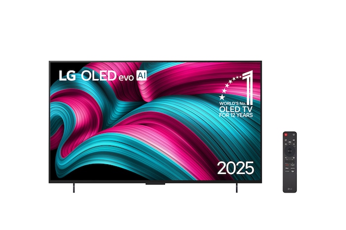 Front view of LG OLED evo AI C5E 4K Smart TV. 12 Years of world number 1 OLED emblem and LG OLED evo AI 2025 logo are on the screen.