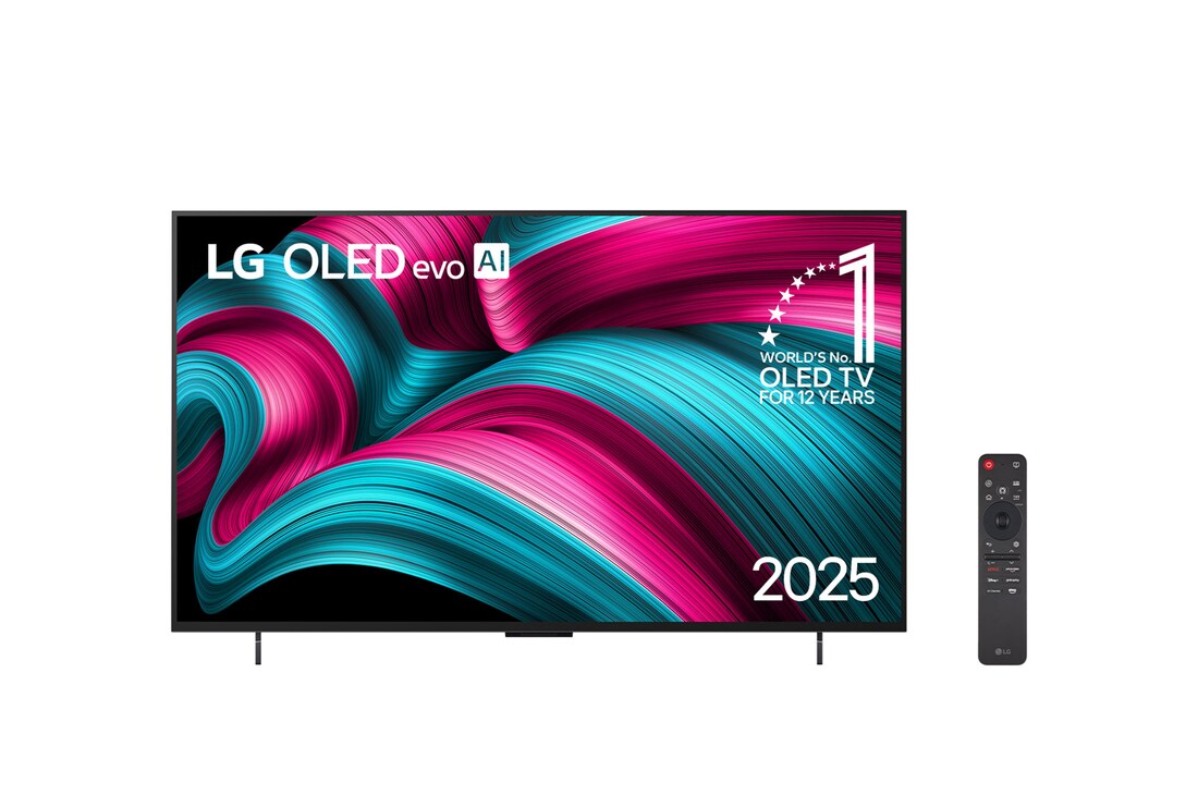 Vista frontal da Smart TV 4K LG OLED evo AI C5. O emblema “12 anos como a OLED número 1 do mundo” e o logotipo da LG OLED evo AI 2025 aparecem na tela.