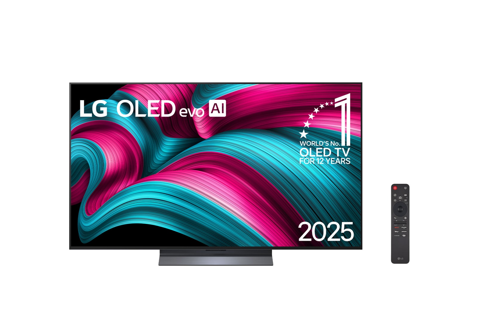Vista frontal da Smart TV 4K LG OLED evo AI C5. O emblema “12 anos como a OLED número 1 do mundo” e o logotipo da LG OLED evo AI 2025 aparecem na tela.