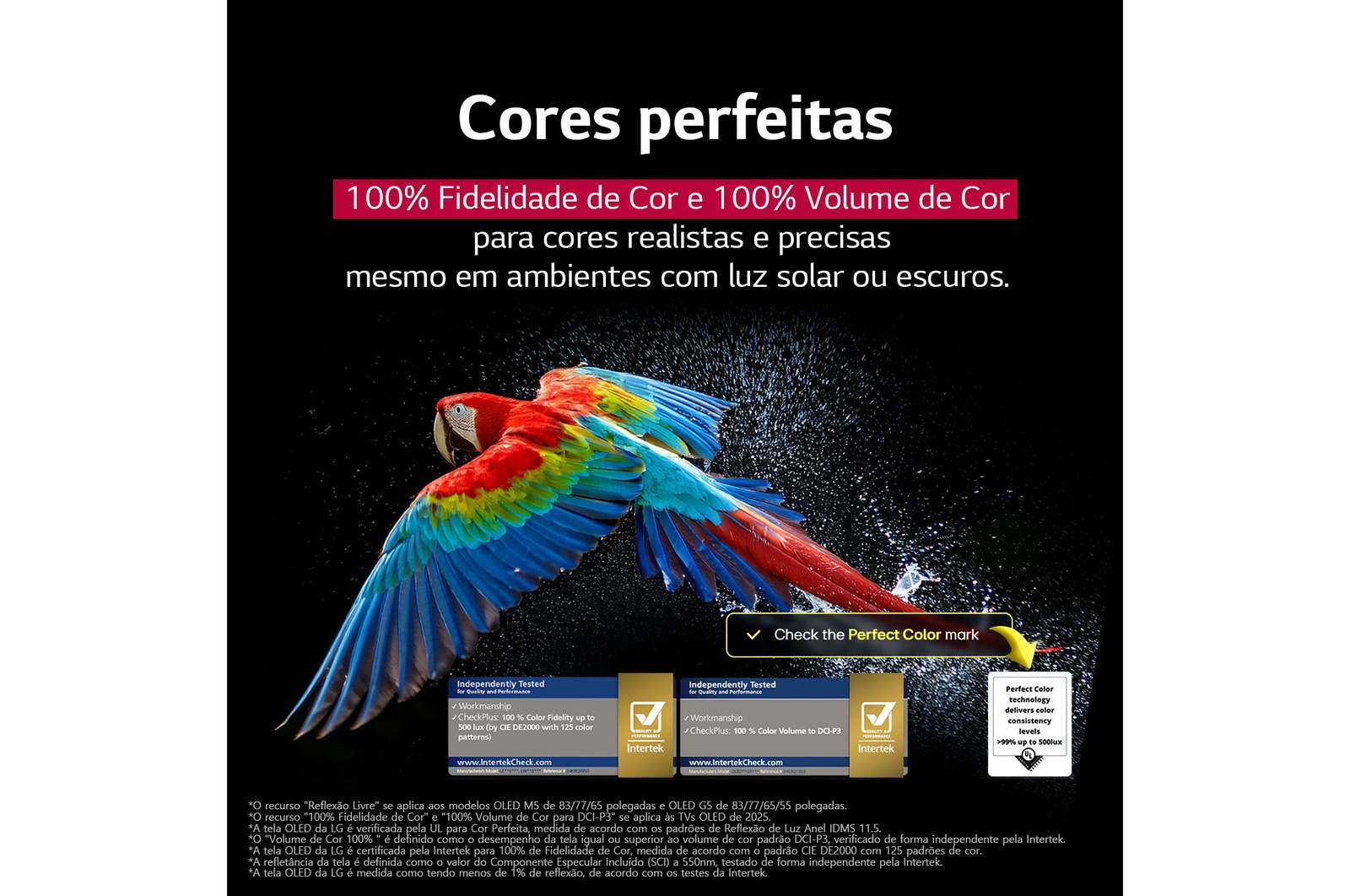 LG AI Magic Remote com o botão AI em destaque. Ao redor dele estão as diferentes funcionalidades que um usuário pode acessar a partir do botão. AI Voice ID, AI Search, AI Chatbot, AI Concierge, AI Picture Wizard e AI Sound Wizard. O texto explica que o LG AI Magic Remote completa sua experiência de IA com um botão AI dedicado e pode ser usado como um air mouse. Basta apontar e clicar.