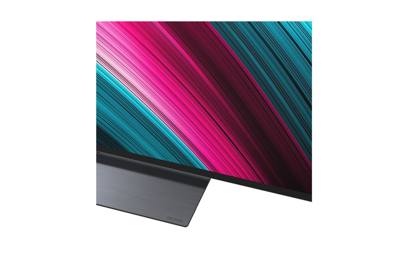 Vista frontal e lateral da Smart TV 4K LG OLED evo AI C5, mostrando suas dimensões de comprimento, largura, altura e profundidade.