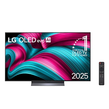 Vista frontal da Smart TV 4K LG OLED evo AI C5. O emblema “12 anos como a OLED número 1 do mundo” e o logotipo da LG OLED evo AI 2025 aparecem na tela.
