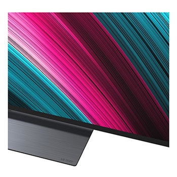 Vista frontal e lateral da Smart TV 4K LG OLED evo AI C5, mostrando suas dimensões de comprimento, largura, altura e profundidade.