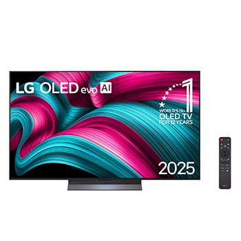Vista frontal da Smart TV 4K LG OLED evo AI C5. O emblema “12 anos como a OLED número 1 do mundo” e o logotipo da LG OLED evo AI 2025 aparecem na tela.