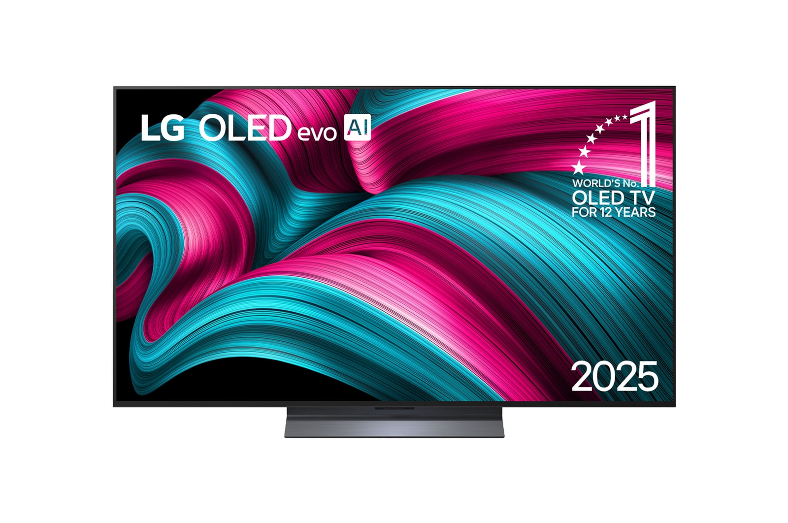 Vista frontal da Smart TV 4K LG OLED evo AI C5. O emblema “12 anos como a OLED número 1 do mundo” e o logotipo da LG OLED evo AI 2025 aparecem na tela.