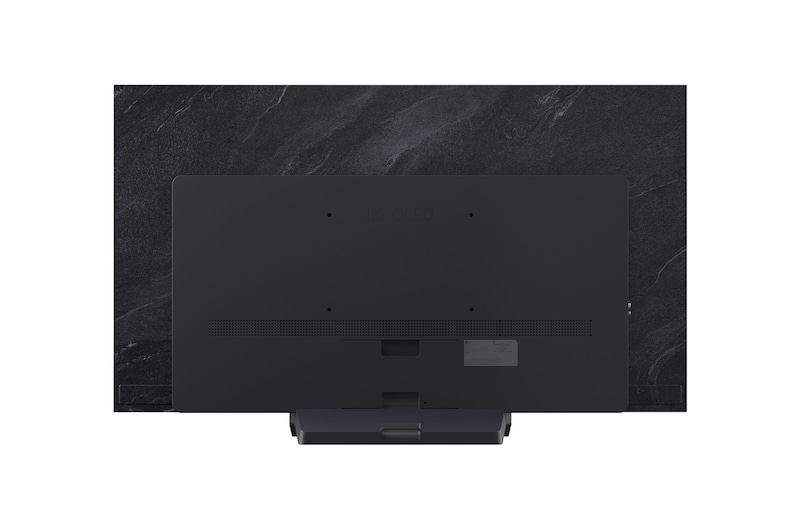 Vista frontal e lateral da Smart TV 4K LG OLED evo AI C5, mostrando suas dimensões de comprimento, largura, altura e profundidade.
