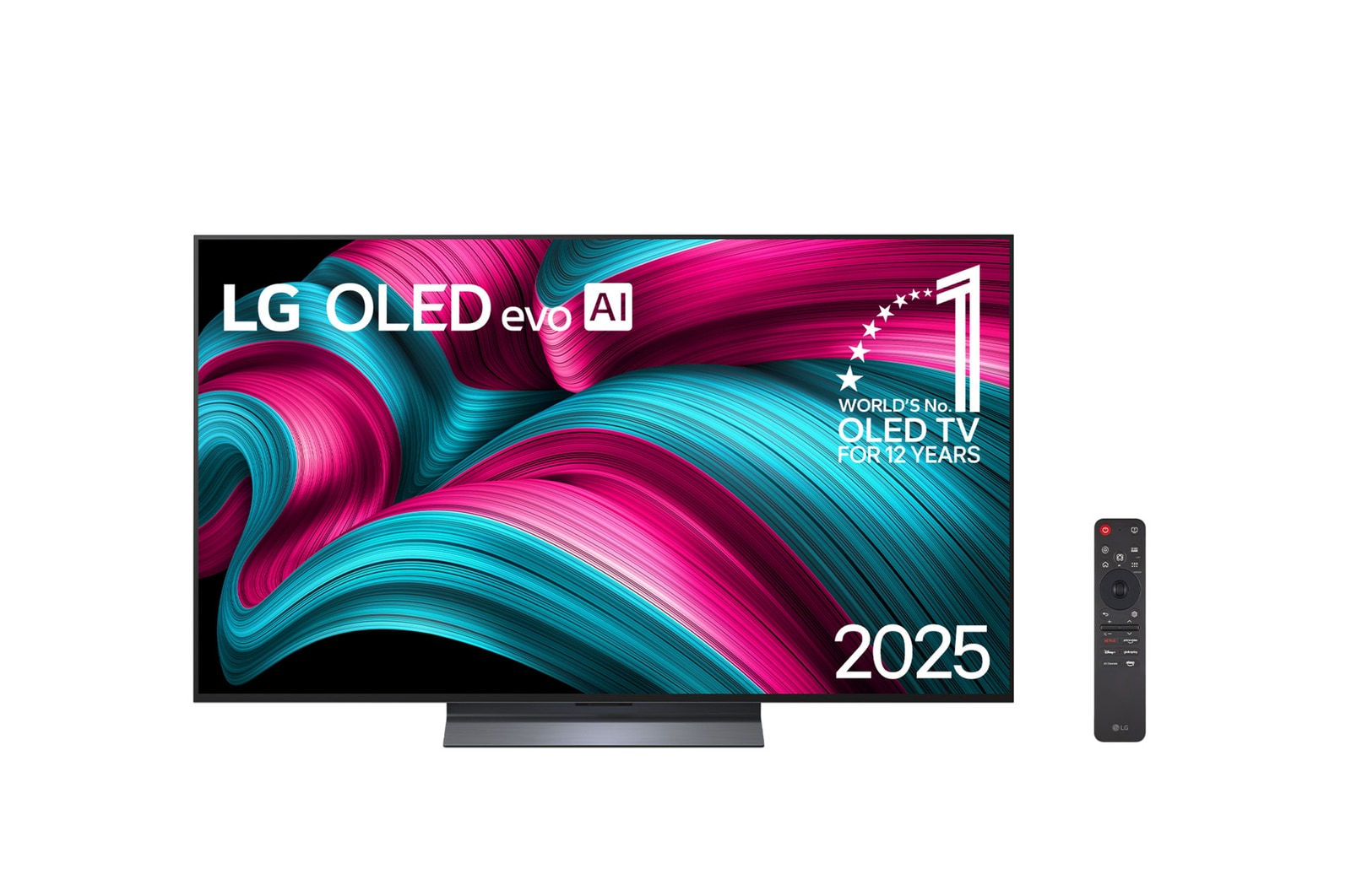 Visão ampla de uma sala de estar elegante e colorida. Smart TV 4K LG OLED evo AI C5 montada na parede com uma LG Soundbar embaixo dela. O design da TV combina bem com o espaço. Na tela da TV há uma arte colorida. 