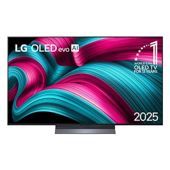 Vista frontal da Smart TV 4K LG OLED evo AI C5. O emblema “12 anos como a OLED número 1 do mundo” e o logotipo da LG OLED evo AI 2025 aparecem na tela.