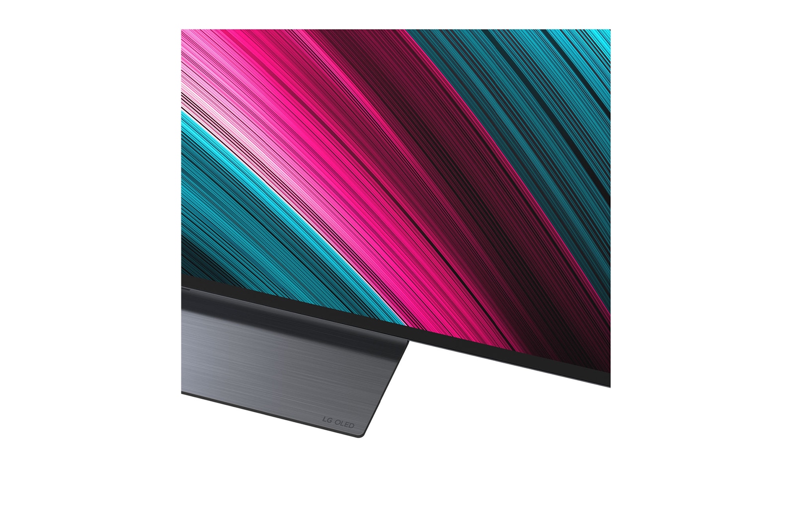 Vista frontal e lateral da Smart TV 4K LG OLED evo AI C5, mostrando suas dimensões de comprimento, largura, altura e profundidade.