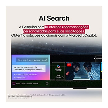 Conteúdo de ficção científica sendo reproduzido na tela de uma LG TV. Na tela aparece a interface do AI Chatbot. O usuário enviou uma mensagem ao chatbot dizendo que a tela está muito escura. O chatbot ofereceu soluções para a solicitação. A cena inteira está dividida em duas partes. Um lado é mais escuro, o outro lado é mais claro, mostrando como o AI Chatbot resolveu o problema para o usuário automaticamente. O texto explica que o Al Chatbot pode entender a intenção do usuário e fornecer soluções para resolver problemas.