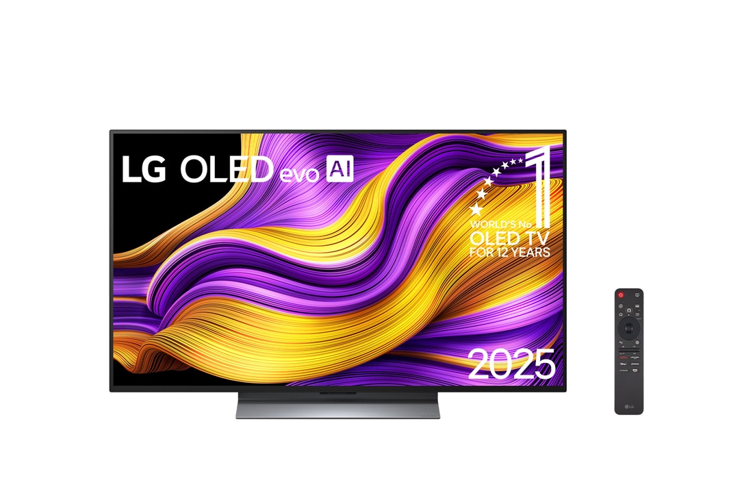 Vista frontal da Smart TV 4K LG OLED evo AI G5. O emblema “12 anos como a OLED número 1 do mundo” e o logotipo da LG OLED evo AI 2025 estão na tela.