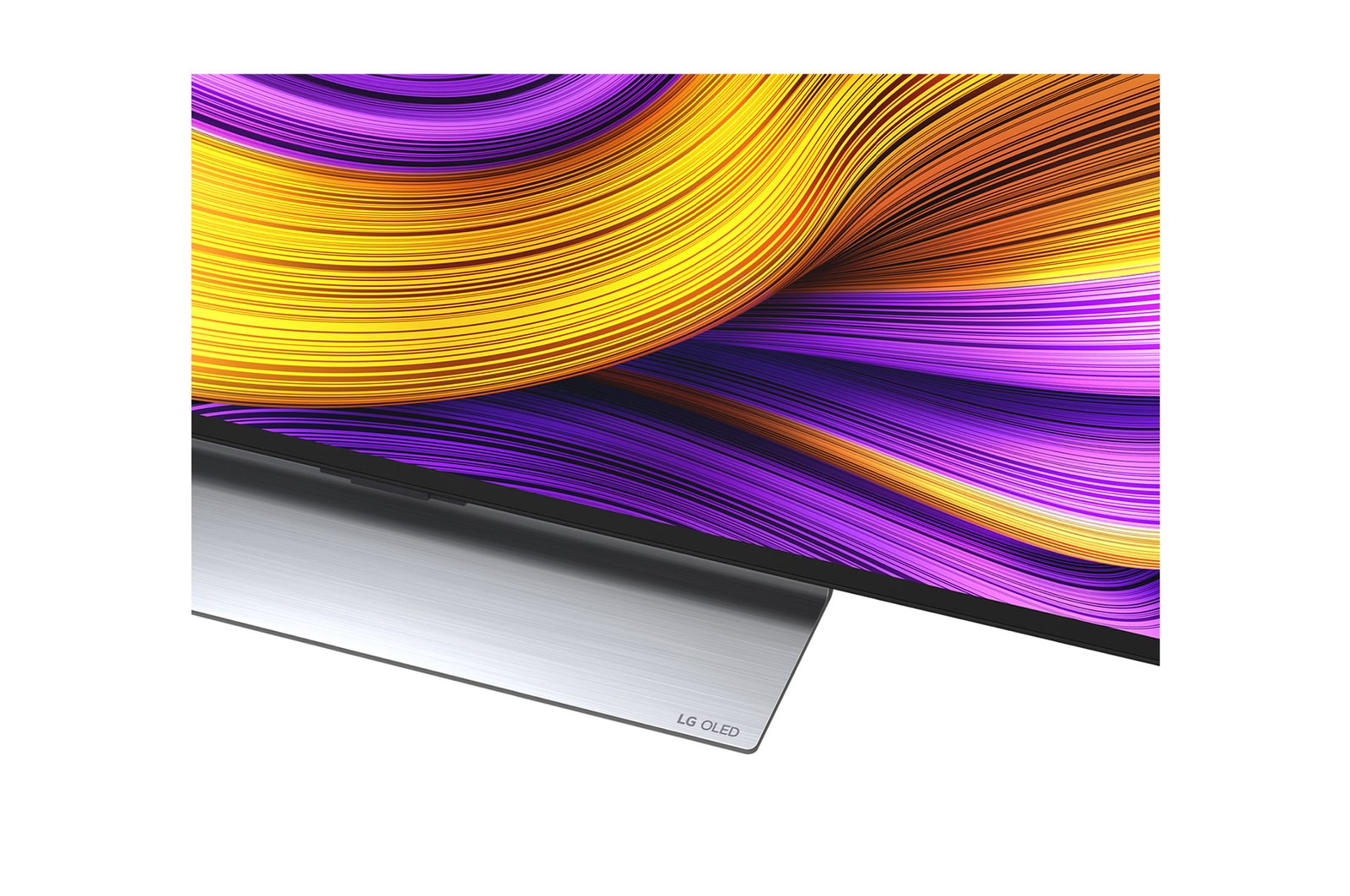 Vista frontal e lateral da Smart TV 4K LG OLED evo AI G5, mostrando suas dimensões de comprimento, largura, altura e profundidade.